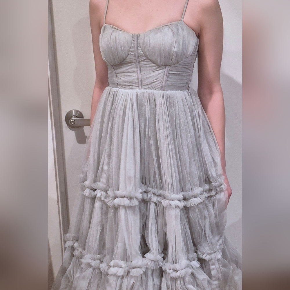 Ethereal Light Gray Tulle Tiered Midi Dress